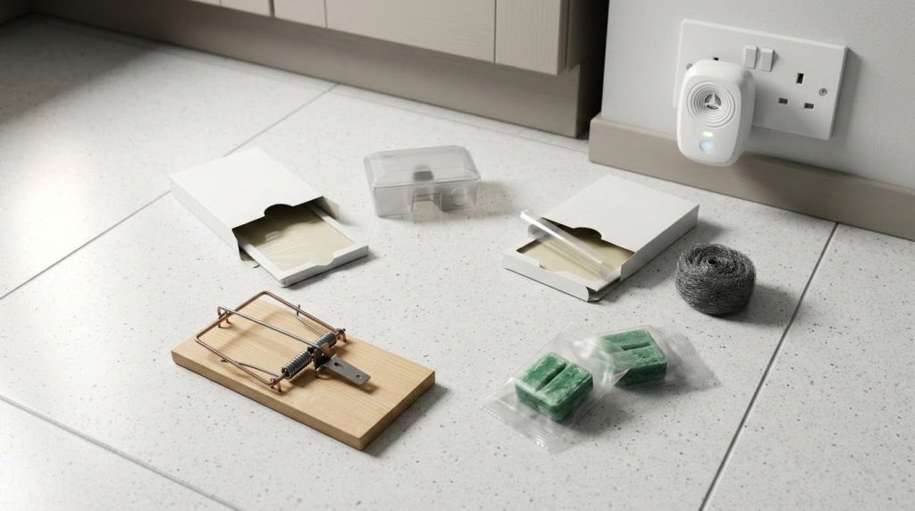 Unopened supermarket rat poison blocks and an unused snap trap on a kitchen floor – showing failed DIY rodent control Singapore attempts
