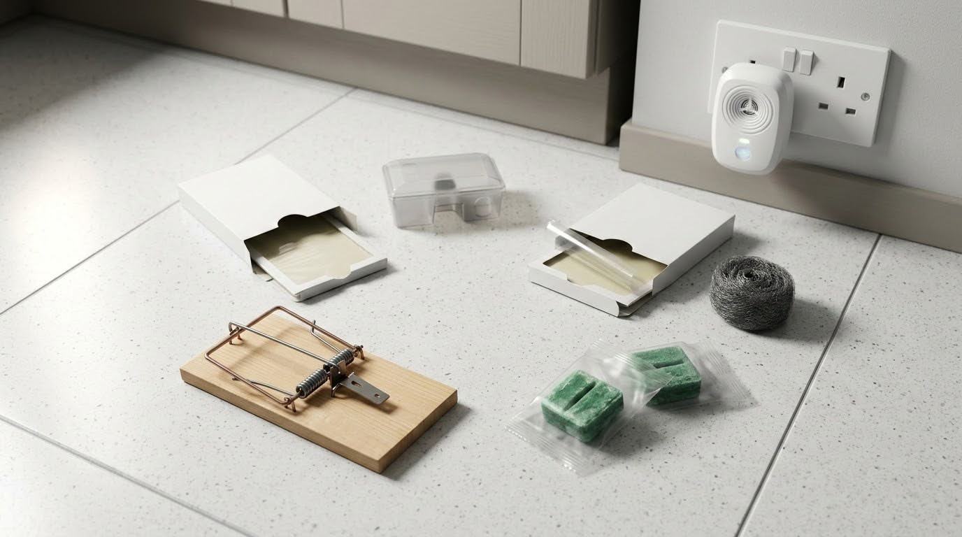 Unopened supermarket rat poison blocks and an unused snap trap on a kitchen floor – showing failed DIY rodent control Singapore attempts