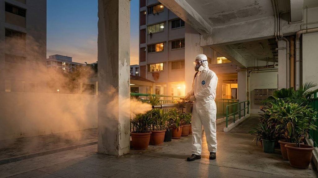Pest control technician in full PPE fogging a Singapore HDB void deck at dusk for mosquito control Singapore dengue prevention