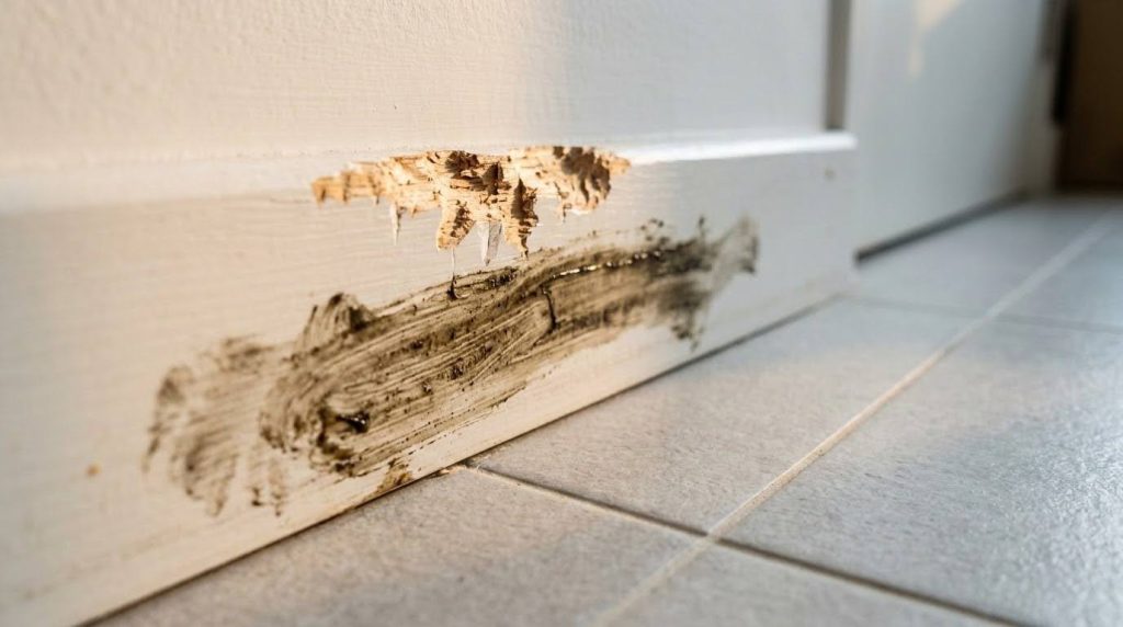 Close-up of grease marks and gnaw damage on a skirting board in a Singapore home – signs of rat infestation requiring rat control Singapore