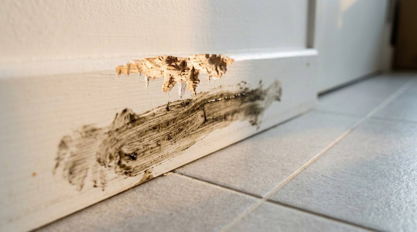 Close-up of grease marks and gnaw damage on a skirting board in a Singapore home – signs of rat infestation requiring rat control Singapore