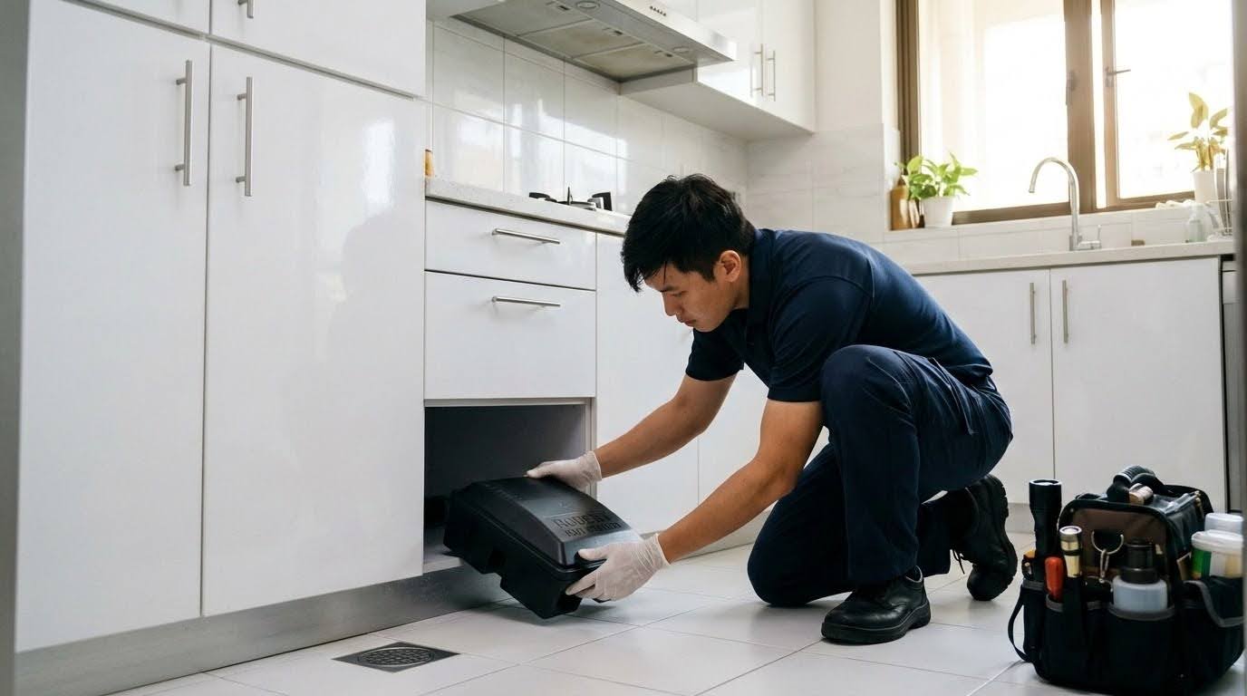 NEA-licensed rodent control technician setting a bait station under a kitchen cabinet in a Singapore HDB flat – rodent control Singapore