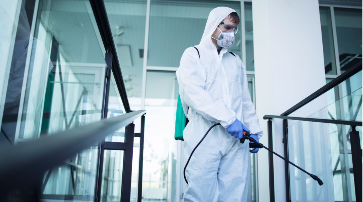Discreet pest control technician checking a hotel corridor baseboard in Singapore