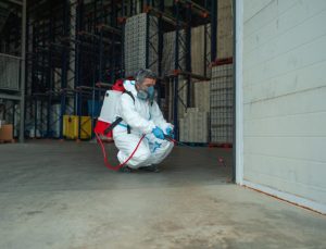 Site supervisor inspecting a covered water container for mosquito breeding risk on a Singapore construction site