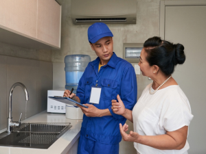 Pest control technician showing an NEA licence document to a homeowner before starting treatment