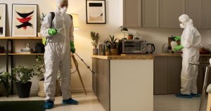 Pest control technician inspecting a refuse chute hopper in an HDB kitchen for rat control in Singapore